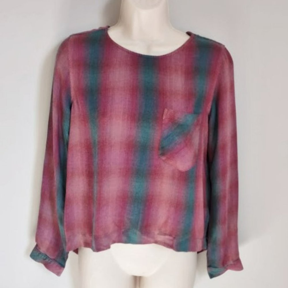Anthropologie Cloth & Stone Plaid Tie Back Long Sleeve Pullover top XS